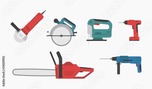 power tools circular chainsaw screwdriver drill shape color icons set vector flat illustration