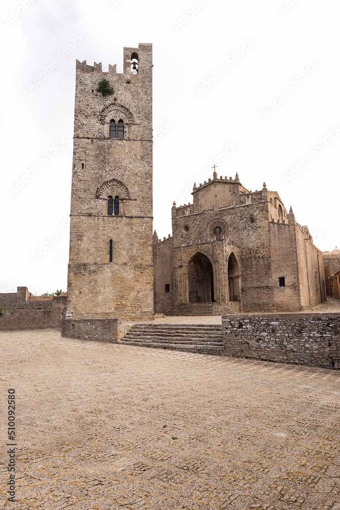 Architectural Sights of  The Tower of the King Federico and Real Duomo in Erice, Italy