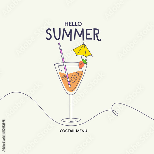 Hand drawn summer illustrations. Summer cocktail glass with beverages. Trendy design for beach party invitation, bar menu of alcohol drinks, cocktail card.  Color and line. Vector illustration.