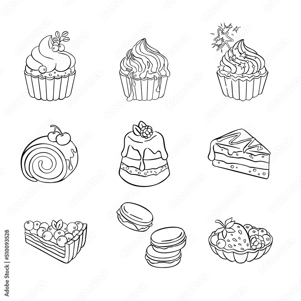 set of sweets cake dessert, hand-drawn . Vector illustration