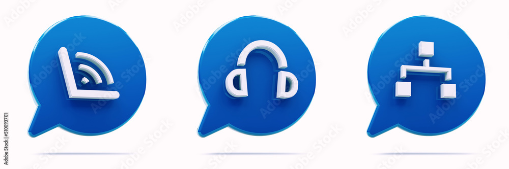 3d render icons. Symbol: notebook wifi, headphone, computers network. 3D illustration. Blue icon isolated on white background. 3d render icons. Symbol: notebook wifi, headphone, computers network. 3D illustration. Blue icon isolated on white background.
