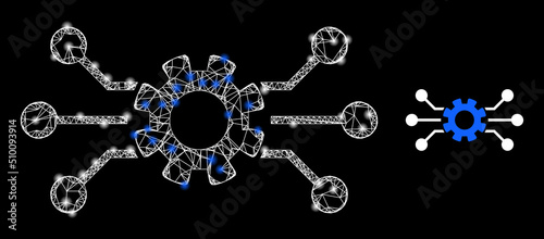 Mesh net circuit gear model illustration with lightspots. Illuminated vector model is created from circuit gear icon. Vector carcass net circuit gear icon.