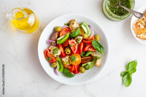 Summer tomato salad with pesto sauce from above