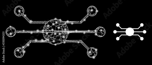 Net mesh circuit node model icon with light spots. Illuminated vector model based on circuit node icon. Vector carcass mesh circuit node icon.
