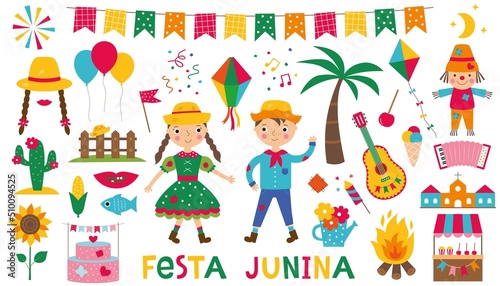 Festa Junina, traditional Brazil June party, vector clip art set