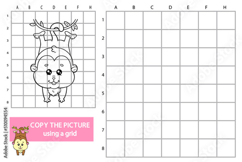vector illustration of grid copy picture educational puzzle game with cartoon monkey