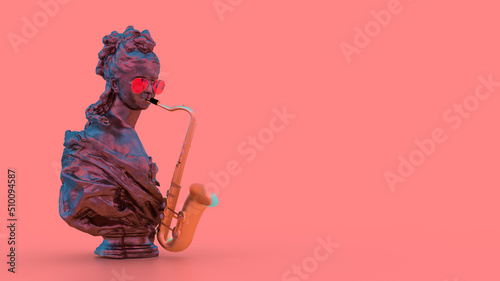3d render sculpture of a woman playing on a golden saxophone pink background with place for text