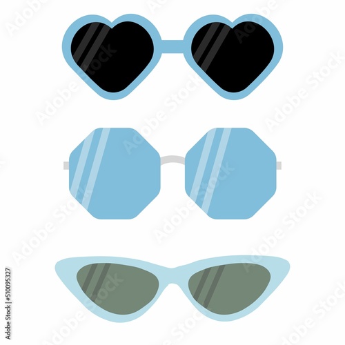 A set of blue frame sunglasses with black and dark lenses. Vector illustration in flat style