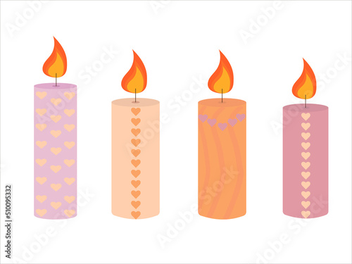 Burning cute wax and paraffin scented candles. Candles decor for home and comfort, holiday