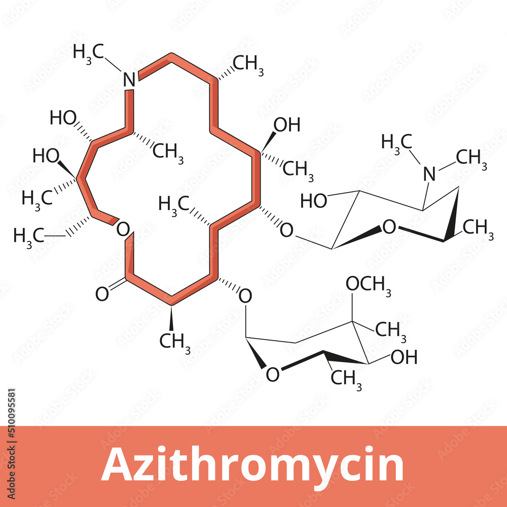 Chemical structure of azithromycin. It is an antibiotic medication used for the treatment of bacterial infections. This includes middle ear infections, strep throat, pneumonia, traveler's diarrhea. Chemical structure of azithromycin. It is an antibiotic medication used for the treatment of bacterial infections. This includes middle ear infections, strep throat, pneumonia, traveler's diarrhea.