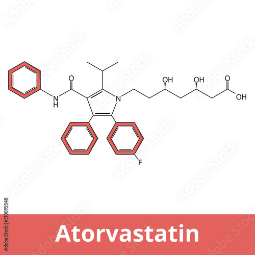 Chemical structure of atorvastatin. It is a statin medication used to prevent cardiovascular disease in those at high risk and to treat abnormal lipid levels.