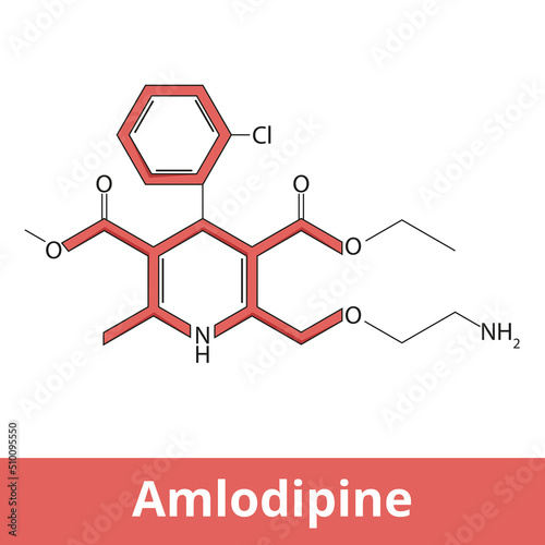 Chemical structure of amlodipine. It is a calcium channel blocker medication used to treat high blood pressure and coronary artery disease.