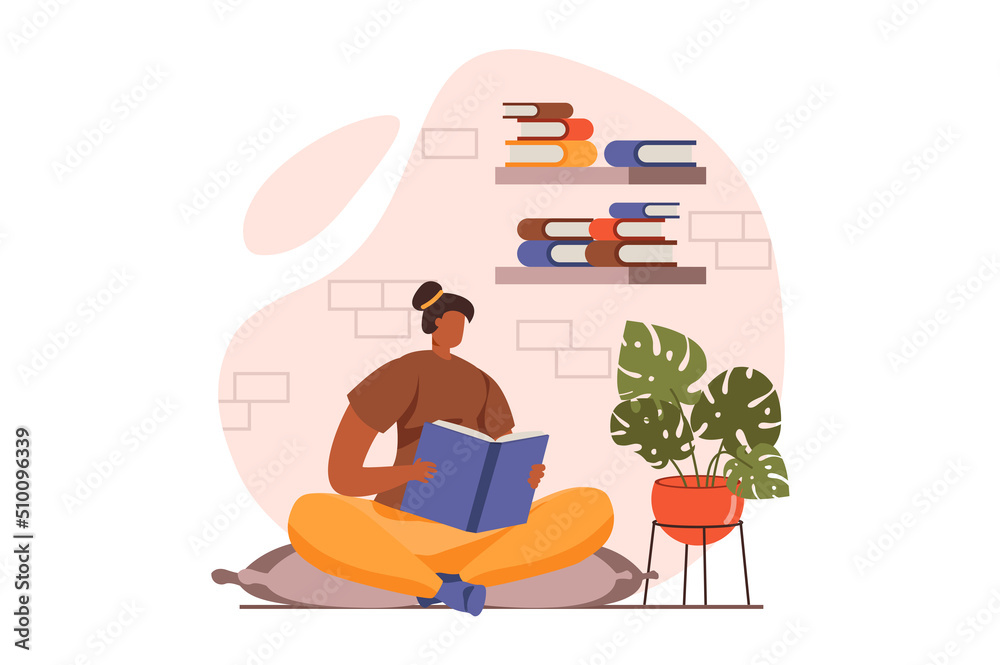 People reading book web concept in flat design. Woman reads story or enjoying novel while sitting at home. Student studying textbooks and prepare for exams. Illustration with people scene - obrazy, fototapety, plakaty 