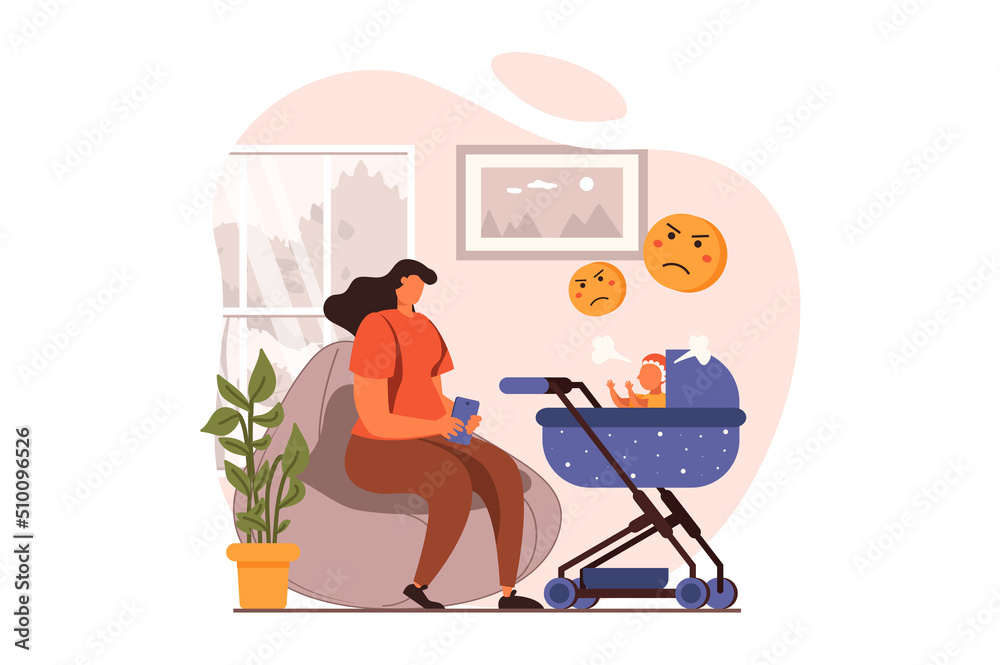 People sit in gadgets web concept in flat design. Young mother scrolling feeds in smartphone app and ignoring her angry baby in stroller. Internet addiction. Illustration with people scene