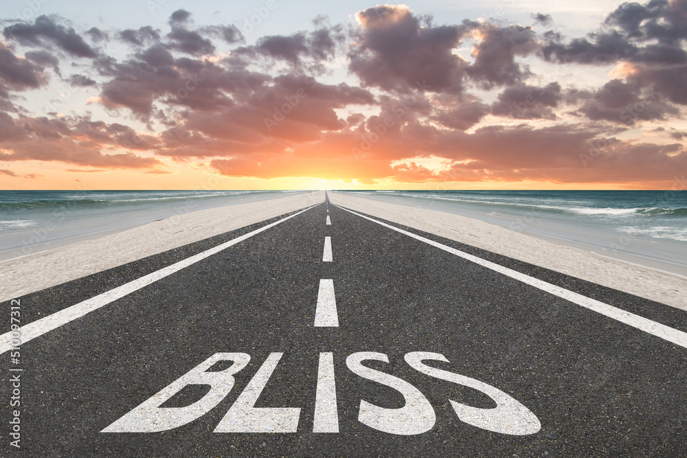 The word Bliss written on a highway in nature at the beach during sunset for happiness concept.