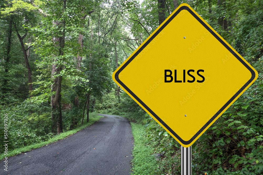Bliss sign on road through the forest Bliss sign on road through the forest