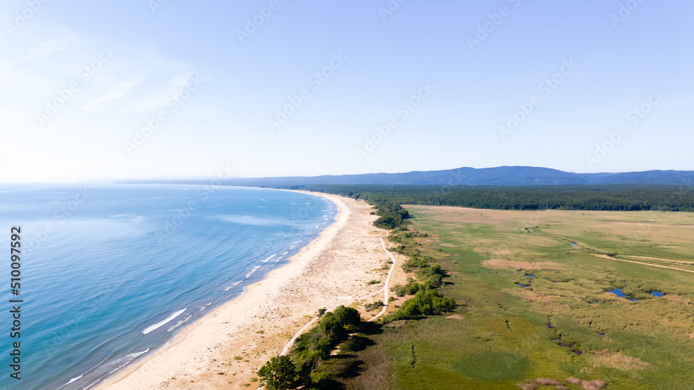 Beach, sea and forest drone view. Black Sea coast and beach. The nature of Igneada. Beach, sea and forest drone view. Black Sea coast and beach. The nature of Igneada.