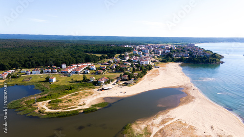 Top view of Igneada with drone. Igneada Black Sea coast, houses and Mert lake.