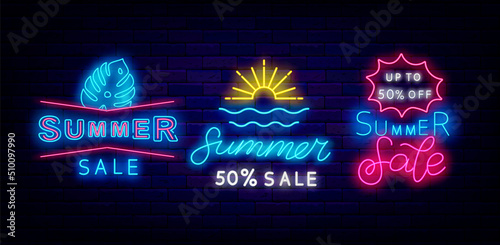 Summer sale neon labels collection. Season special offer signs set. Sunset and tropical leaves. Vector illustration