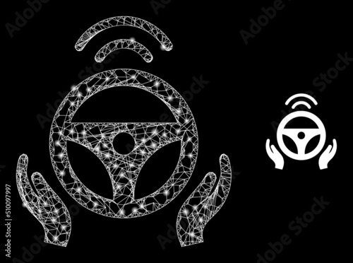 Net mesh driverless car model illustration with lightspots. Illuminated vector constellation is created from driverless car icon. Vector frame net driverless car icon.