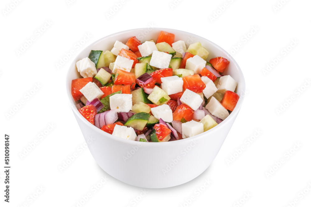 Strawberry Feta cucumber salad in a bowl on a white isolated background Strawberry Feta cucumber salad in a bowl on a white isolated background