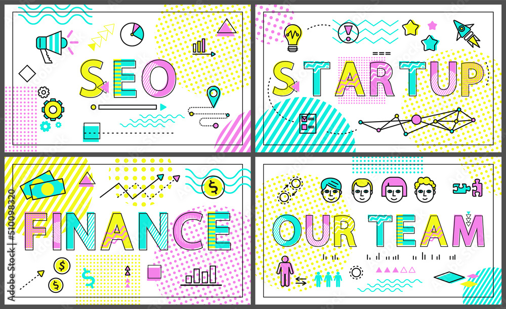 Seo start up and finance of business corporation, our team employees interacting, solving problems together, banners collection vector illustration