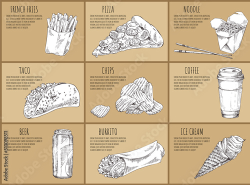 Pizza Italian recipe, french fries and Asian noodle. Mexican burrito and taco, ice cream dessert, chips monochrome sketches set vector illustration