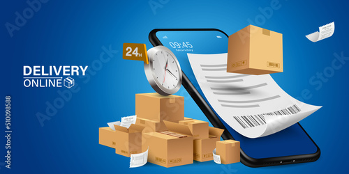 Illustration of online delivery service via mobile application.
Online Order Tracking Home and office delivery service.City logistics. Warehouse, truck, forklift, courier, delivery man, on mobile.