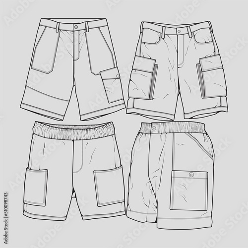 bundle set short pants outline drawing vector, set short pants in a sketch style, trainers template outline, vector Illustration.
