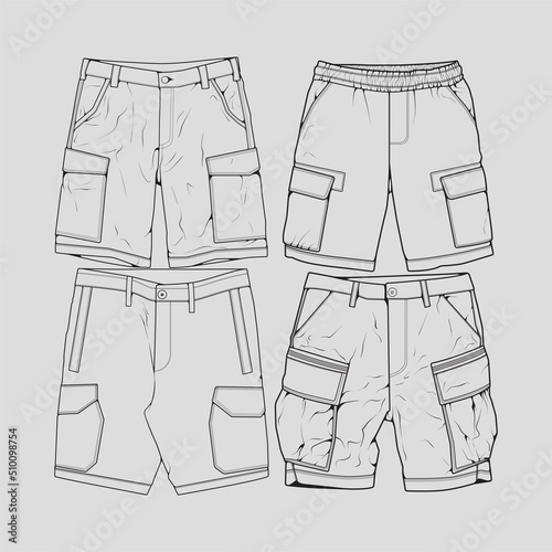 bundle set short pants outline drawing vector, set short pants in a sketch style, trainers template outline, vector Illustration.
