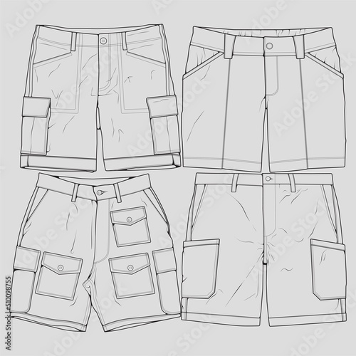 bundle set short pants outline drawing vector, set short pants in a sketch style, trainers template outline, vector Illustration.
