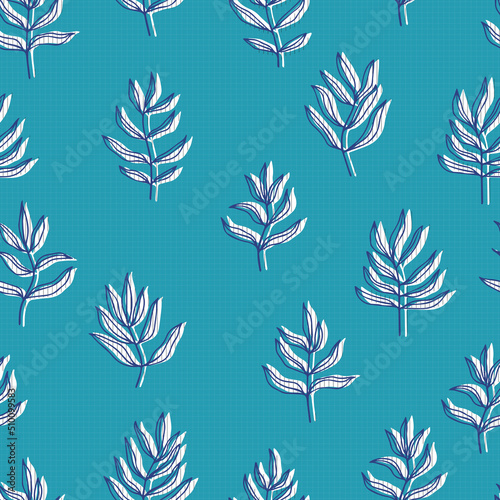 botanical abstract contour silhouette branches with leaves checkered background vector seamless pattern