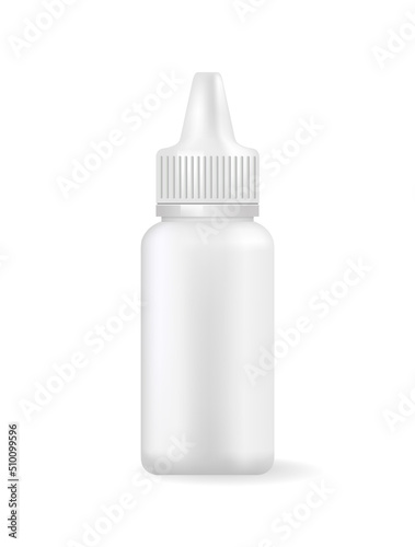 Empty container with dispenser for medical eye drops. Sterile transparent bottle to keep liquid medications isolated realistic vector illustration.
