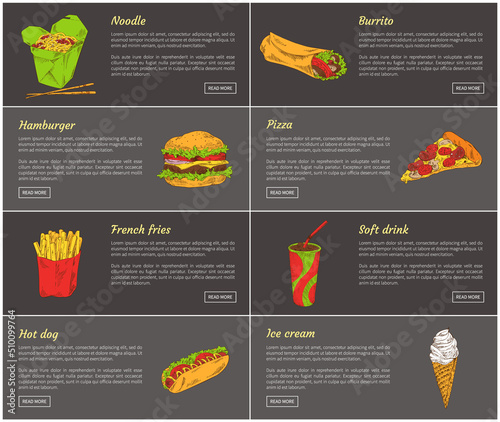 Noodles and burrito posters set. Fast food dishes hamburger and pizza slice with sausages and cheese. Soft drink and ice cream vector illustration