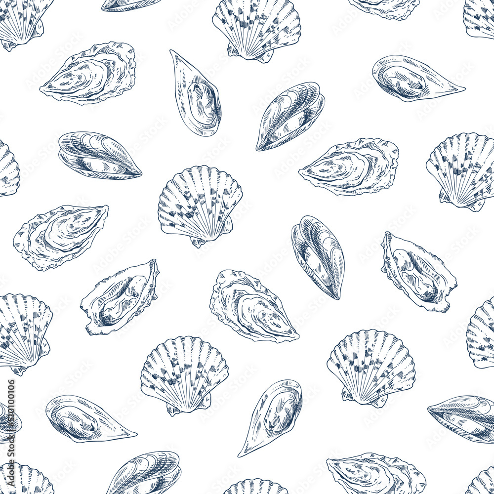 Mussel and scallop seamless outline sketch pattern. Sea and ocean ...