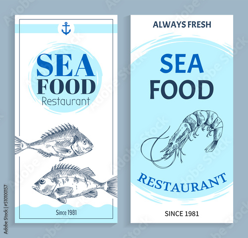 Best quality seafood restaurant hand drawn banner with anchor symbol. Bream and shrimp marine products sketch vector illustration on white backdrop