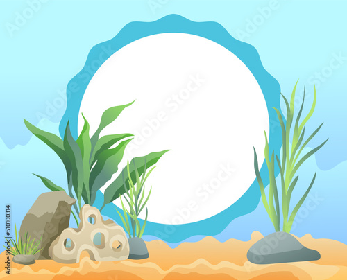 Funny cartoon oval photo frame card with sea weed, stones and corals and wave contoured space for photograph flat vector illustration on blue tint.