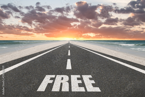 The word Free on a highway leading to the horizon.