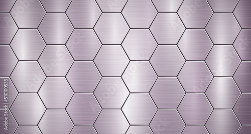 Abstract metallic background in purple colors with highlights, consisting of voluminous convex hexagonal plates