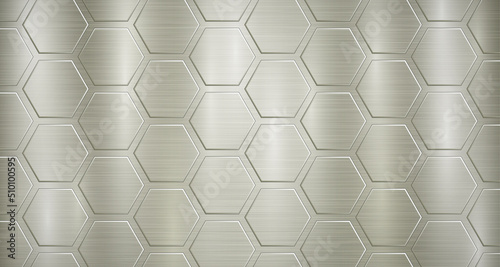 Abstract metallic background in yellow colors with highlights and a big voluminous convex hexagonal plates