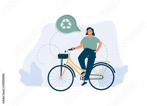 The girl rides a bicycle. Active lifestyle. Circular economy illustration. Sustainable economic growth.