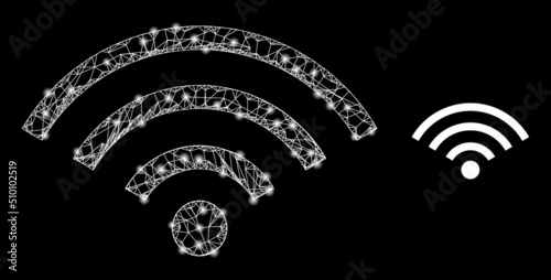 Mesh net internet signal carcass illustration with lightspots. Illuminated vector constellation is created from internet signal glyph. Vector frame mesh internet signal icon.