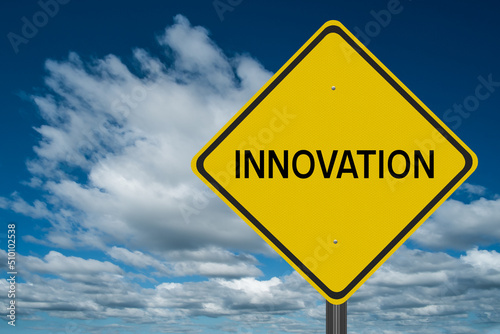 Motivational Innovation highway sign on a blue sky background.