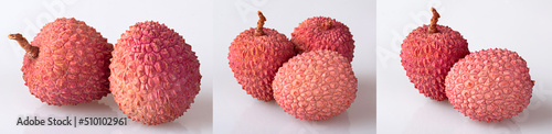Lychee with peel and peeled lychee isolated on a white background