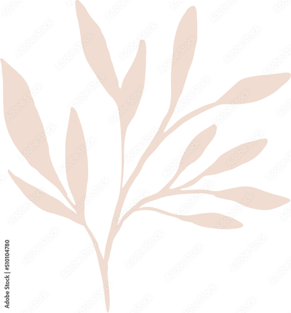 Boho Abstract Hand Drawn Plant Twig with Leaves Botanical Illustration