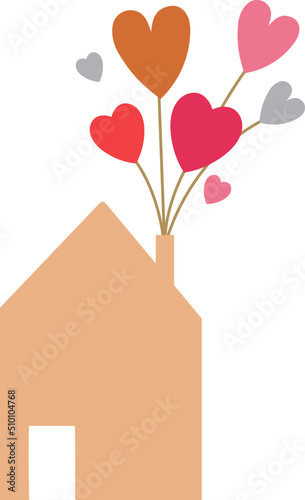 House with Bouquet of Hearts Coming out of the Chimney - Boho Valentines Heart Illustration