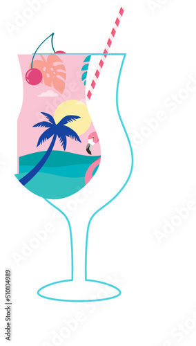 Cocktail Glass with Tropical Landscape Illustration
