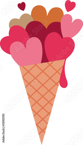 Valentines Ice Cream Cone with Hearts Romantic Illustration