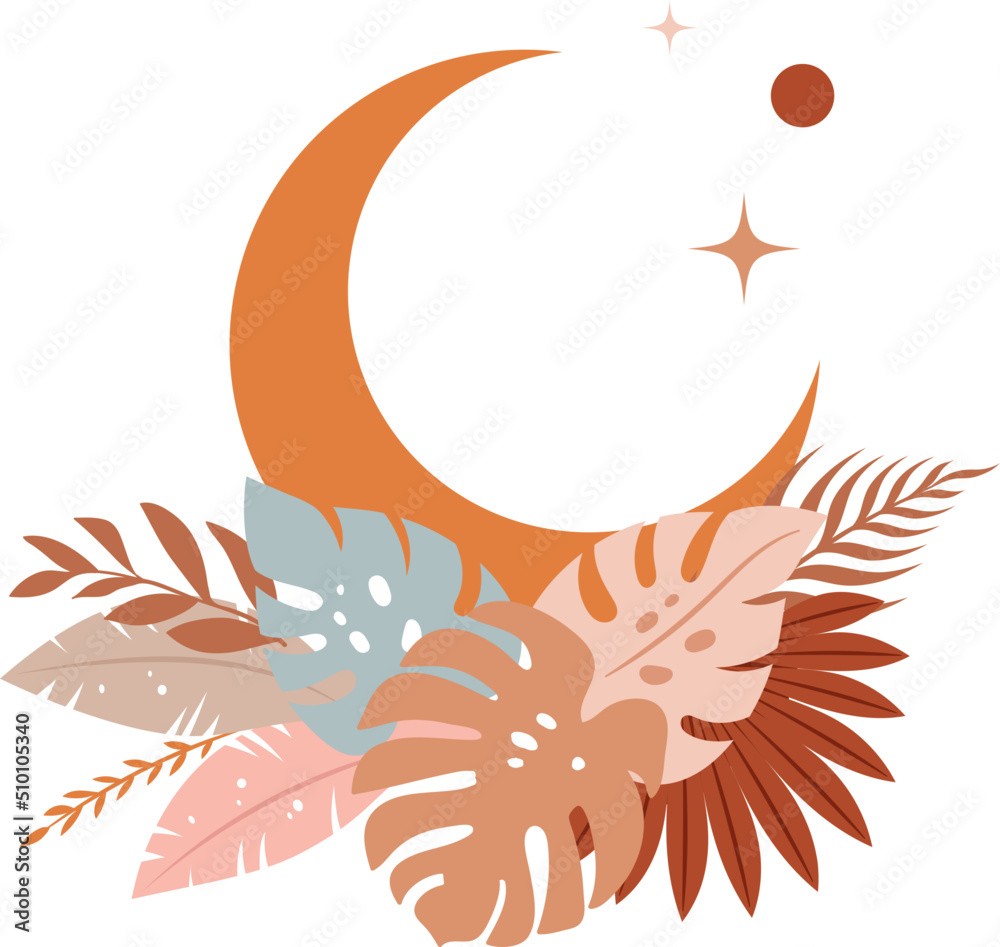 Boho illustration of crescent moon with dry tropical leaves Boho illustration of crescent moon with dry tropical leaves