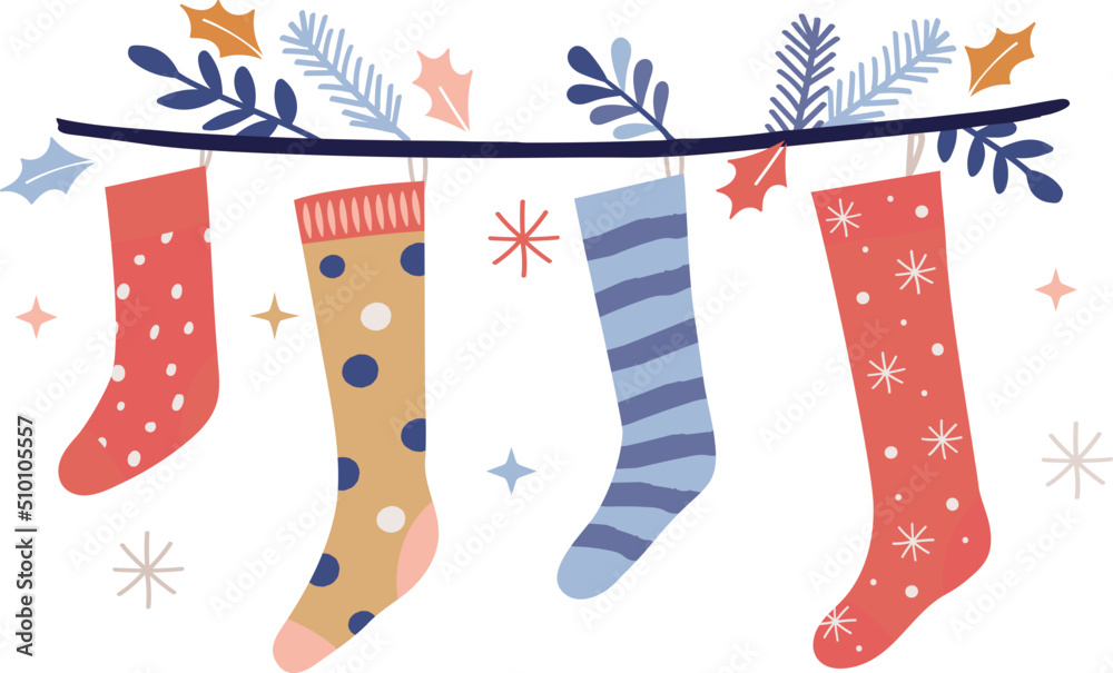 Abstract Retro Christmas Socks Hanging on a Tree Branch Illustration